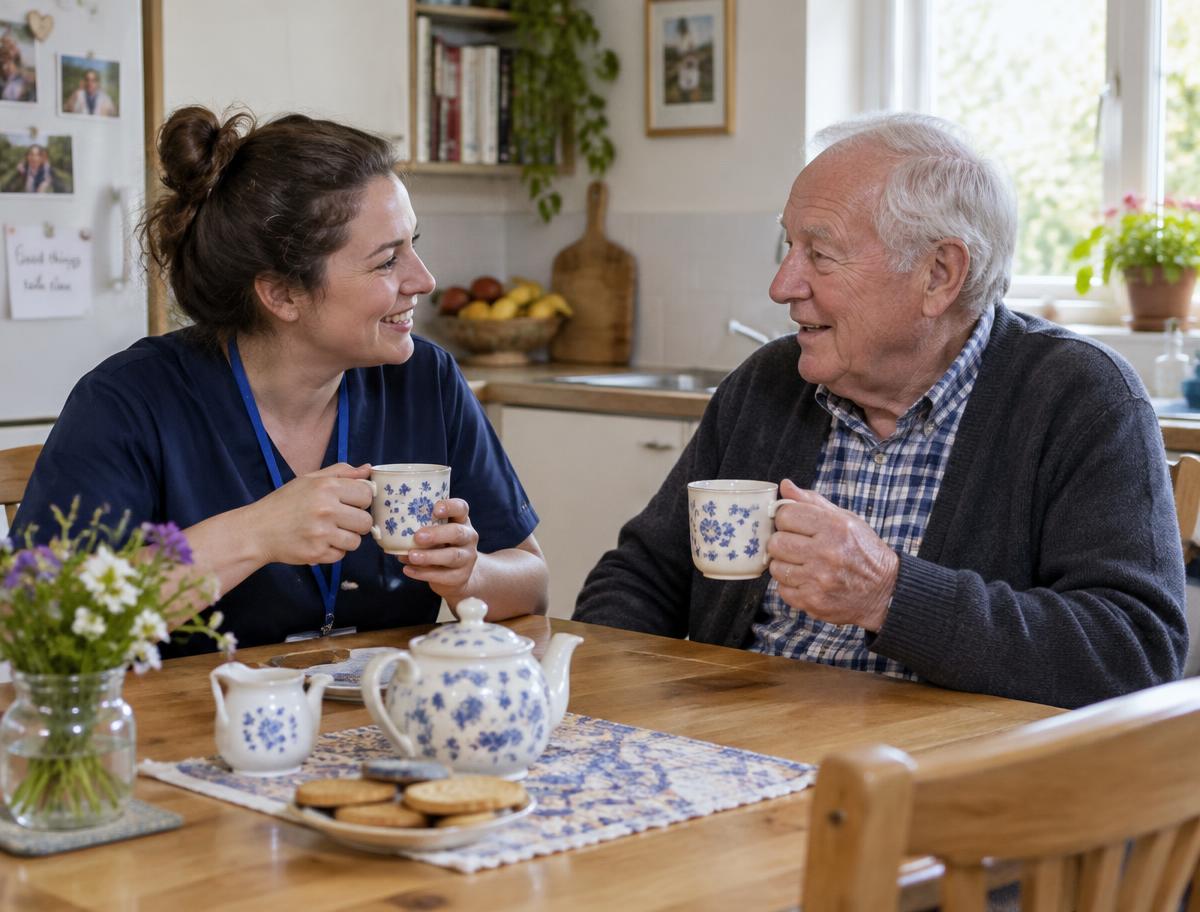 A caregiver and an older man chatting over cups of tea at a kitchen table