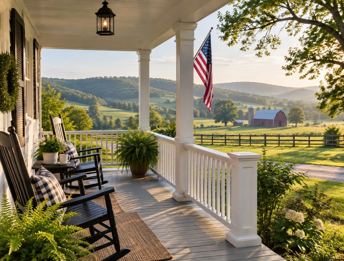 A peaceful farmhouse porch with rocking chairs overlooking green Ohio hills