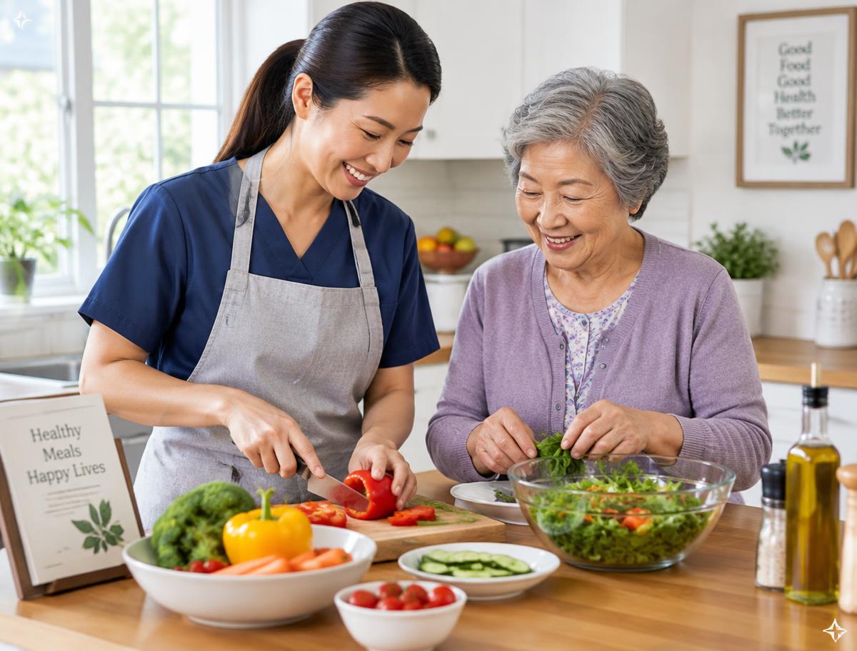 A caregiver and an older woman preparing a fresh salad together in a kitchen